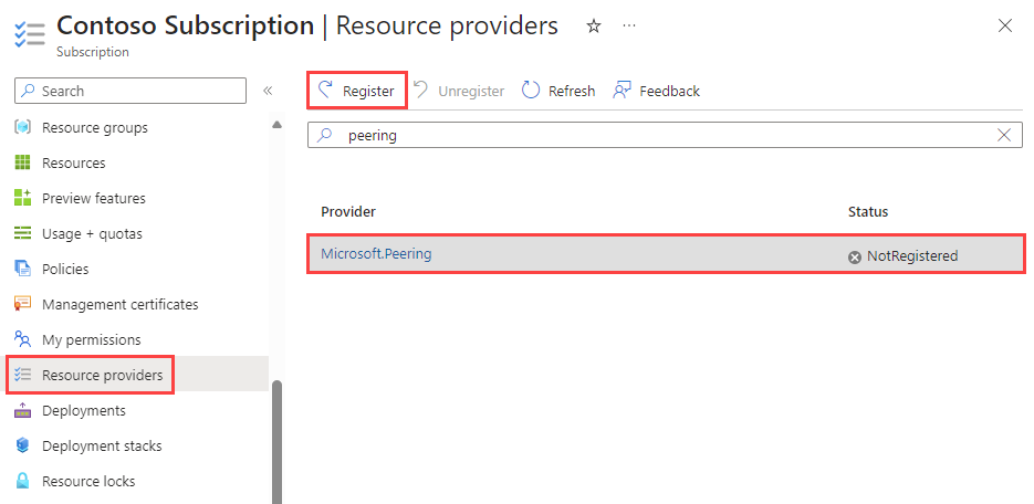 Screenshot shows how to register Peering provider in the Azure portal.