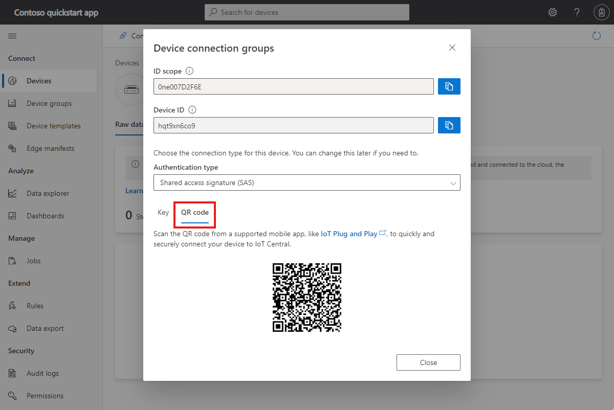 Captura de tela que mostra o código QR que você pode usar para conectar o aplicativo de smartphone.