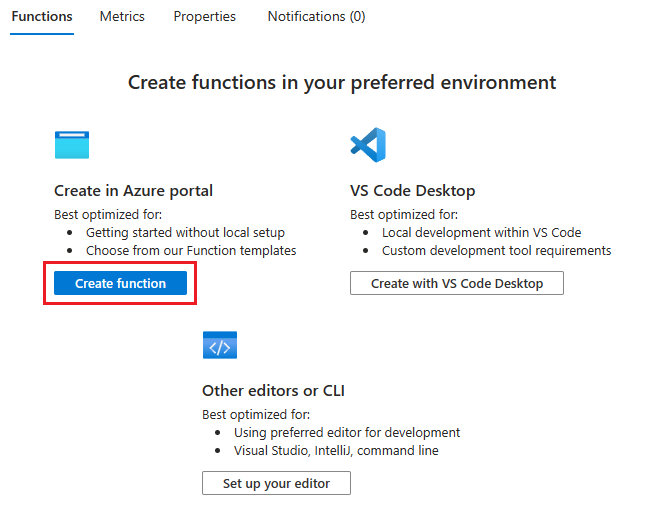Captura de tela que mostra a seleção da opção para criar a função no portal do Azure.