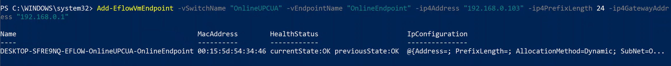 Captura de tela de uma configuração bem-sucedida do comutador OnlineOPCUA.