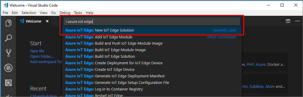 Captura de tela mostrando como executar a Nova Solução do IoT Edge.