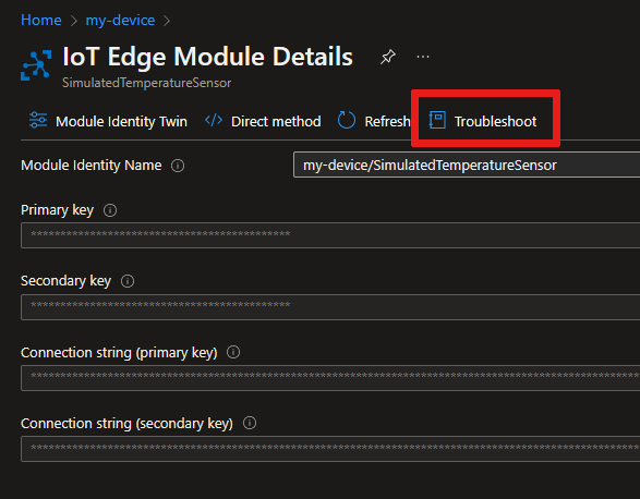 Captura de tela do local da guia Solução de problemas no portal do Azure, página de detalhes do módulo.