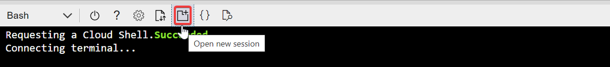 Captura de tela de uma janela de Cloud Shell do Azure, realçando o ícone Abrir novas sessão na barra de ferramentas.
