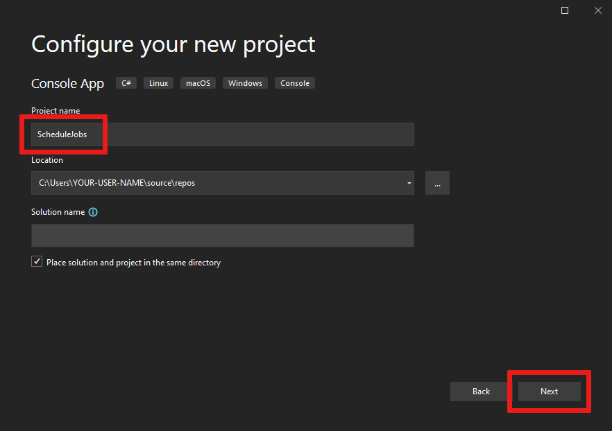 Captura de tela do pop-up 'Configurar novo projeto' no Visual Studio, na qual você adiciona um nome.
