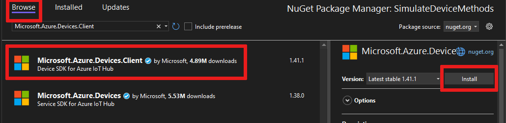 Captura de tela do Gerenciador de pacotes do NuGet no Visual Studio.