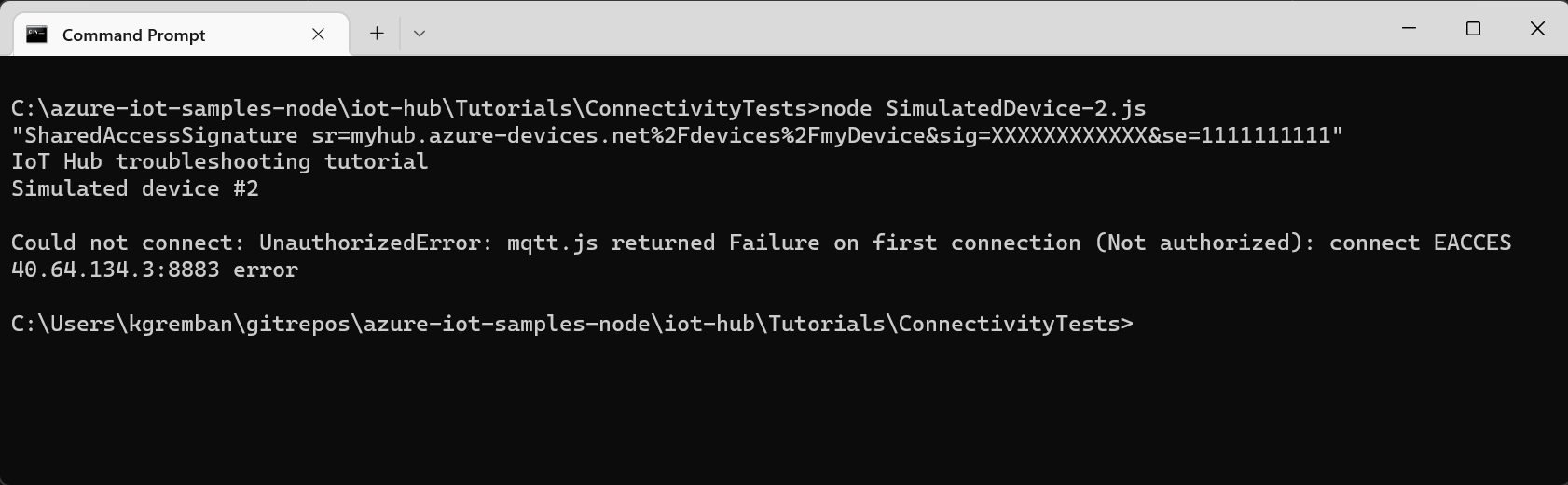 Screenshot that shows a connection error when the outbound port is blocked.