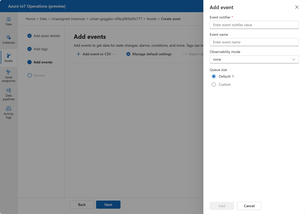 Captura de tela que mostra a adição de eventos no portal de Operações do Azure IoT (versão prévia).