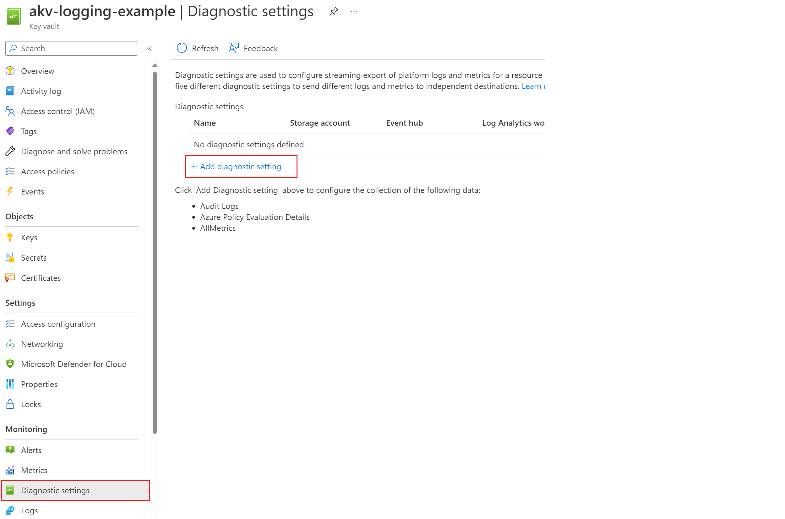 Captura de tela que mostra como selecionar as configurações de diagnóstico.