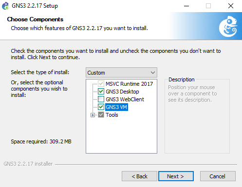 Captura de tela que mostra a página Escolher Componentes no assistente de instalação do GNS3, com a opção de VM GNS3 selecionada.
