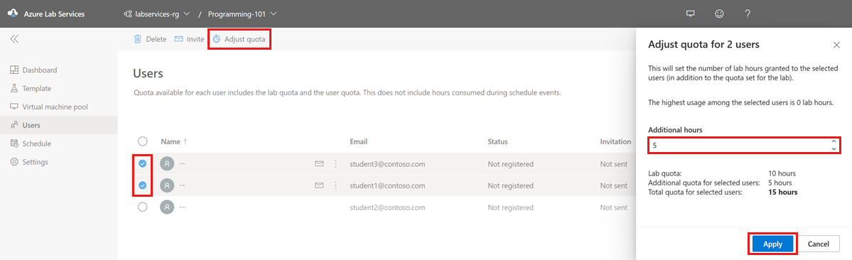 Captura de tela que mostra a janela Ajustar cota no site do Azure Lab Services.