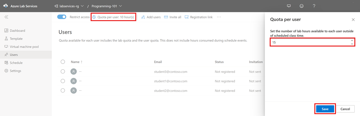Captura de tela que mostra a janela Cota por usuário no site do Azure Lab Services.