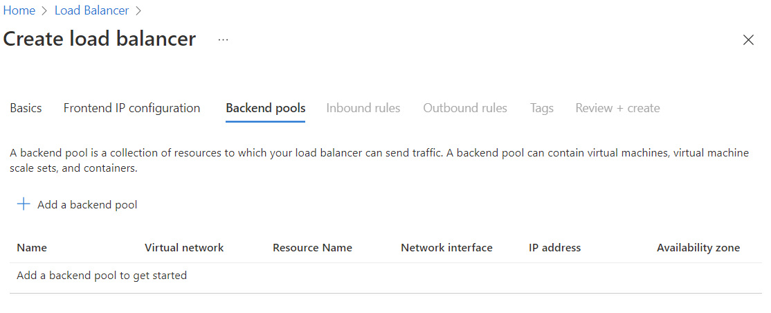 Screenshot of create backend pool tab.