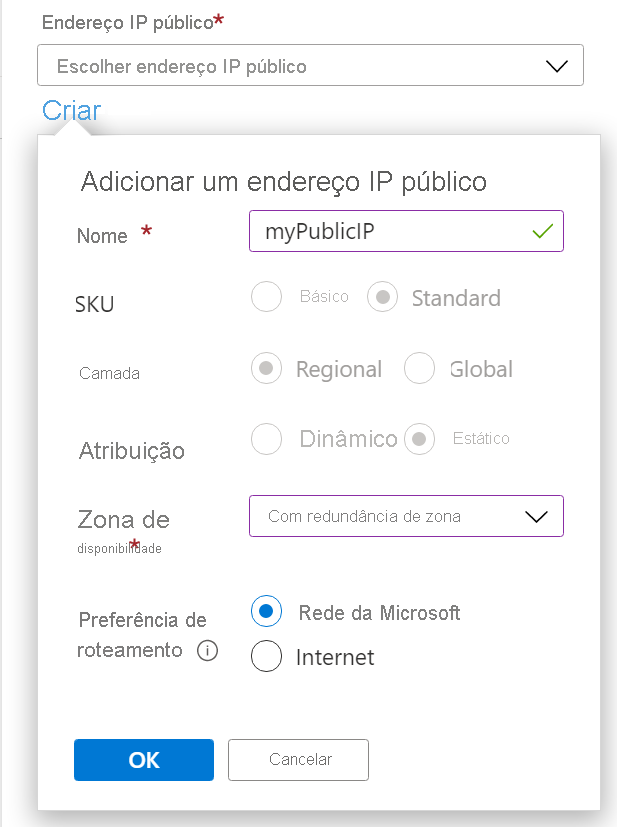 Screenshot of create public IP.