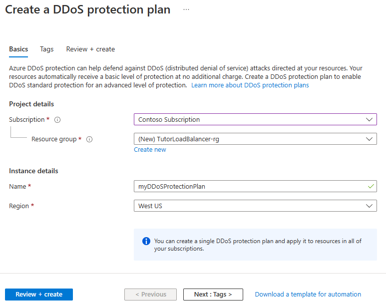 Captura de tela da criação de um Plano de proteção contra DDoS.