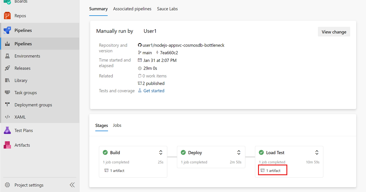 Screenshot that shows the Azure Pipelines workflow summary page, highlighting the test results in the Stages section.