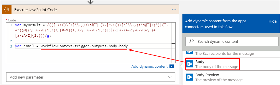 Captura de tela mostrando o fluxo de trabalho Consumo, a ação Executar Código JavaScript, a lista de conteúdo dinâmico e a propriedade 