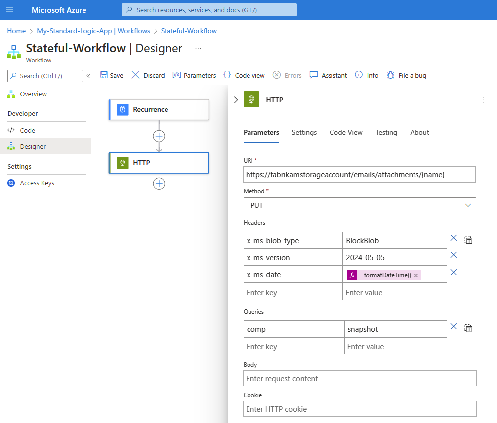 Screenshot shows Azure portal, Standard workflow, and HTTP action set up to access resources.