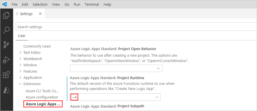 A captura de tela mostra as configurações do Visual Studio Code para a extensão Aplicativos Lógicos do Azure (Standard).