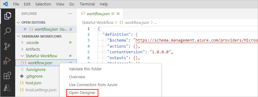Screenshot shows Explorer pane, workflow.json file shortcut menu, and Open Designer selected.