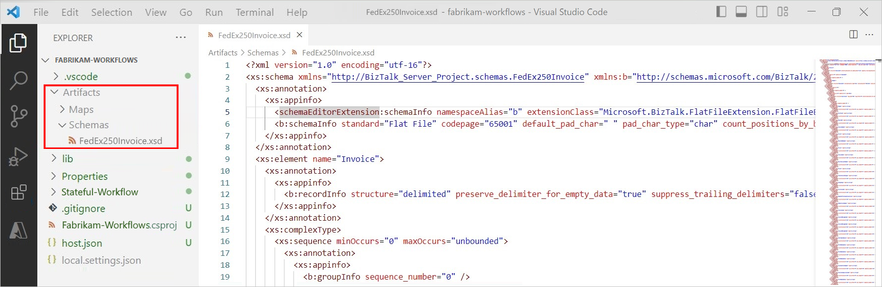 Screenshot shows Visual Studio Code project hierarchy with Artifacts and Schemas folders expanded.