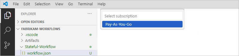 Screenshot shows Explorer pane with list named Select subscription and a selected subscription.