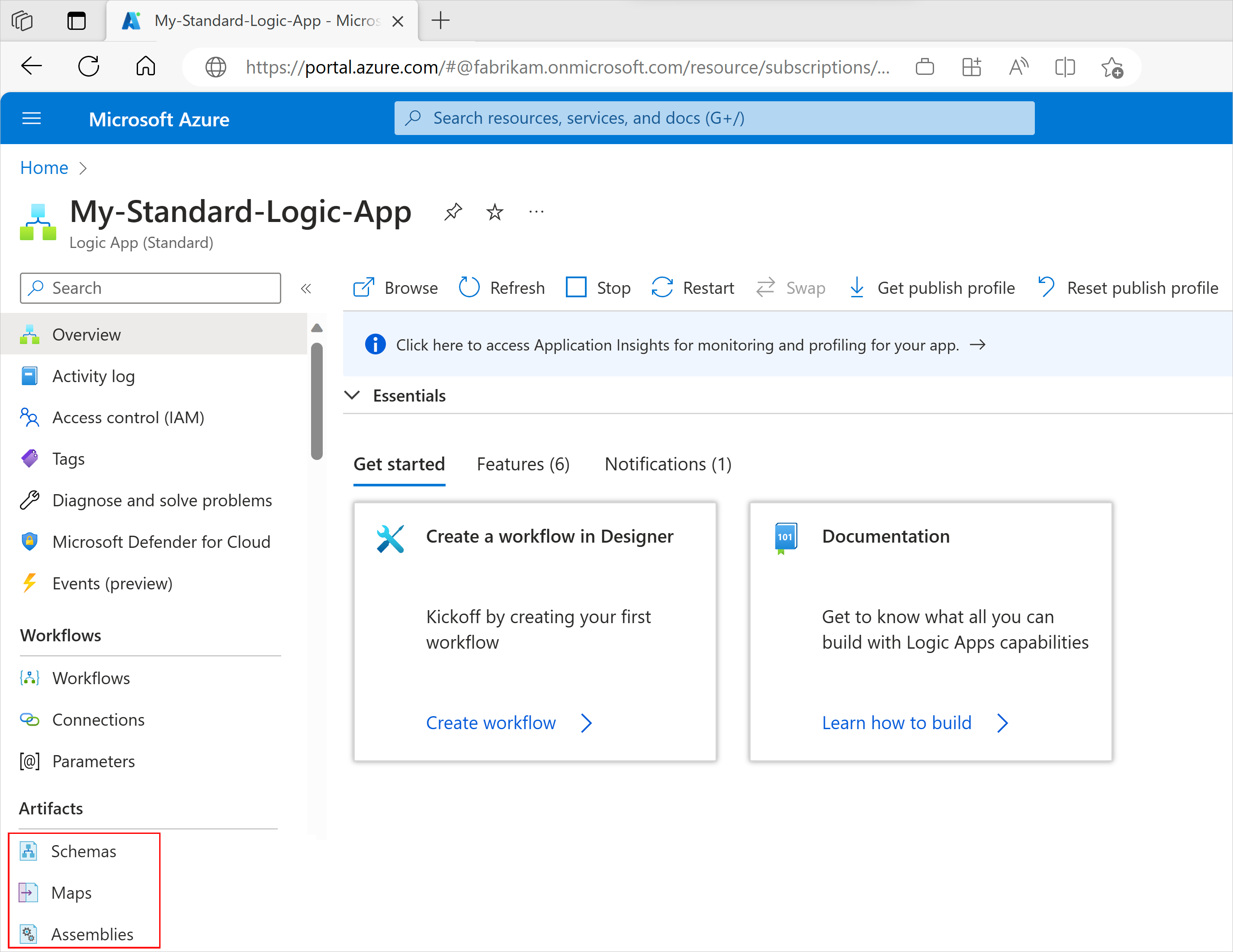 Screenshot shows Azure portal and Standard logic app resource menu with Artifacts section highlighted.
