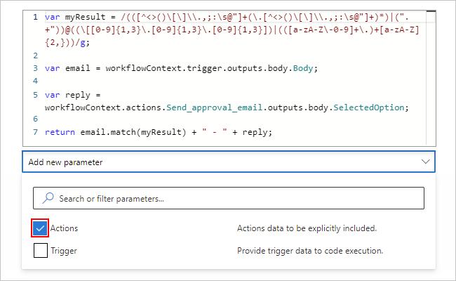 Captura de tela mostrando a ação Executar Código JavaScript com o parâmetro Actions selecionado.