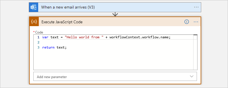 Captura de tela mostrando a ação Executar Código JavaScript com o código de exemplo padrão.