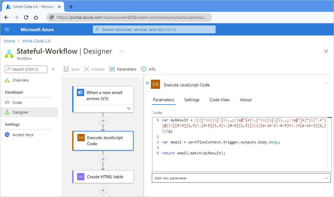 Captura de tela mostrando um exemplo de fluxo de trabalho do aplicativo lógico Standard com a ação Executar Código JavaScript.