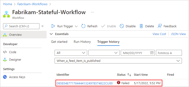 Captura de tela mostrando o portal do Azure com o histórico do gatilho do fluxo de trabalho do aplicativo lógico Standard.