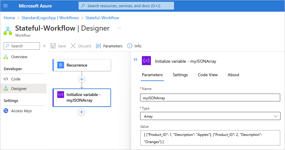 Screenshot showing the Azure portal and the designer with a sample Standard workflow for the 