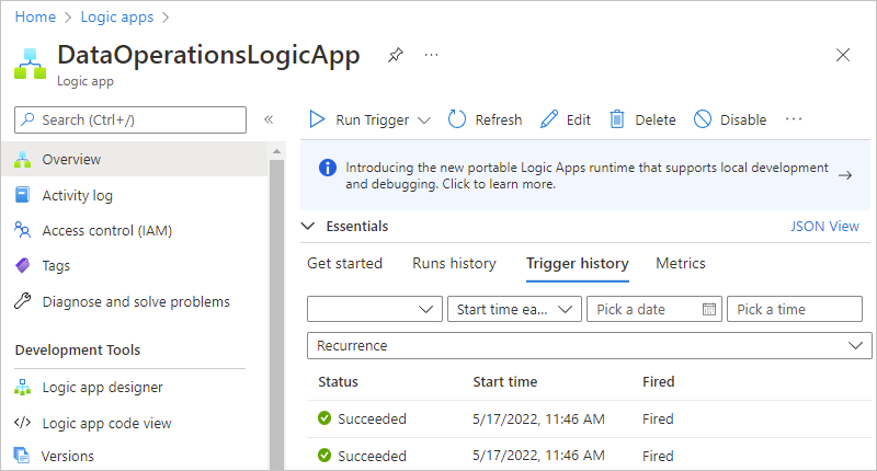 Screenshot shows Overview pane with Consumption logic app workflow and multiple trigger attempts for different items.