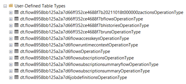 Captura de tela mostrando os tipos de tabela definidos pelo usuário do SQL criadas pelo runtime de Aplicativos Lógicos do Azure locatário único.