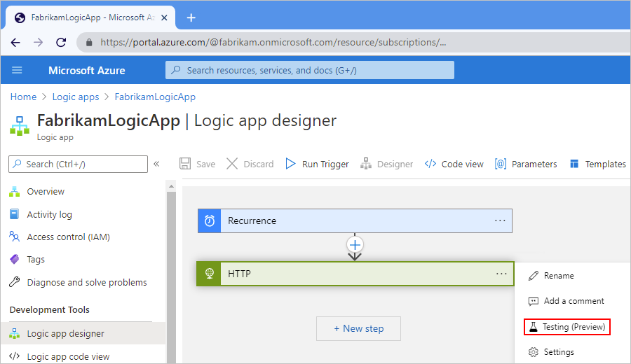 Captura de tela que mostra o portal do Azure, o designer do fluxo de trabalho, o menu de atalho da ação e a opção “Teste” selecionada.