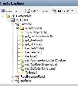 A captura de tela mostra o Microsoft Rules Composer com o Gerenciador de Fatos, as classes e os membros da classe.