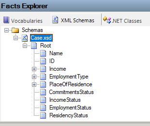 A captura de tela mostra o Microsoft Rules Composer, o Gerenciador de Fatos e os elementos XML.