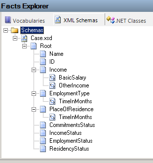 A captura de tela mostra o Microsoft Rules Composer, o Gerenciador de Fatos, os elementos XML e seus atributos.