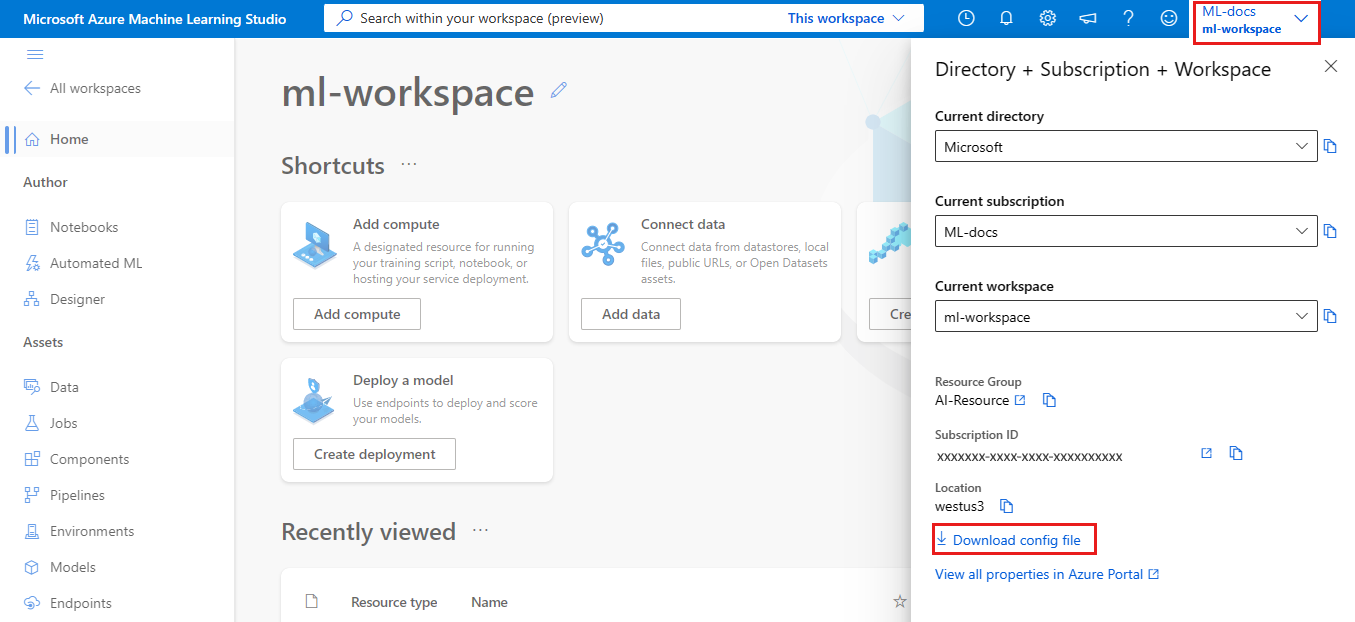 Captura de tela da página de visão geral do workspace com a opção Baixar config.json selecionada.