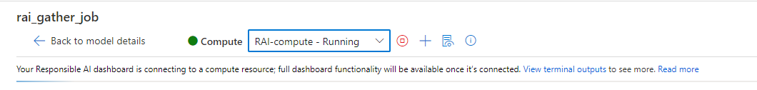 Captura de tela mostrando que o painel IA Responsável está se conectando a um recurso de computação.