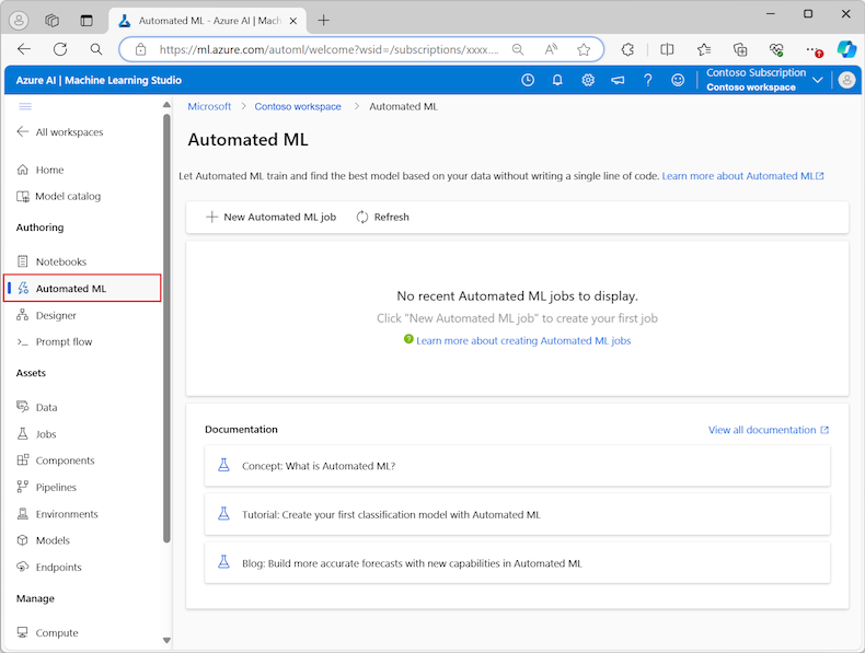 Captura de tela que mostra a página visão geral de criação do ML Automatizado no Estúdio do Azure Machine Learning.