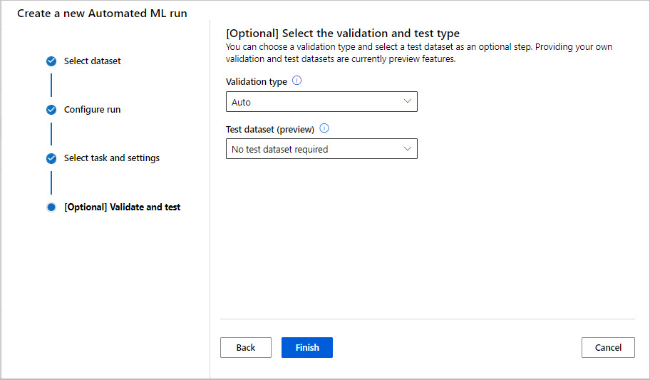 Captura de tela que mostra o formulário onde selecionar dados de validação e dados de teste