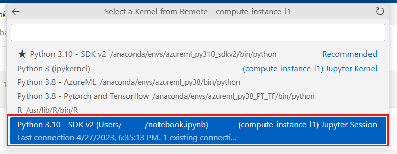 A captura de tela mostra a seleção do kernel no VS Code.