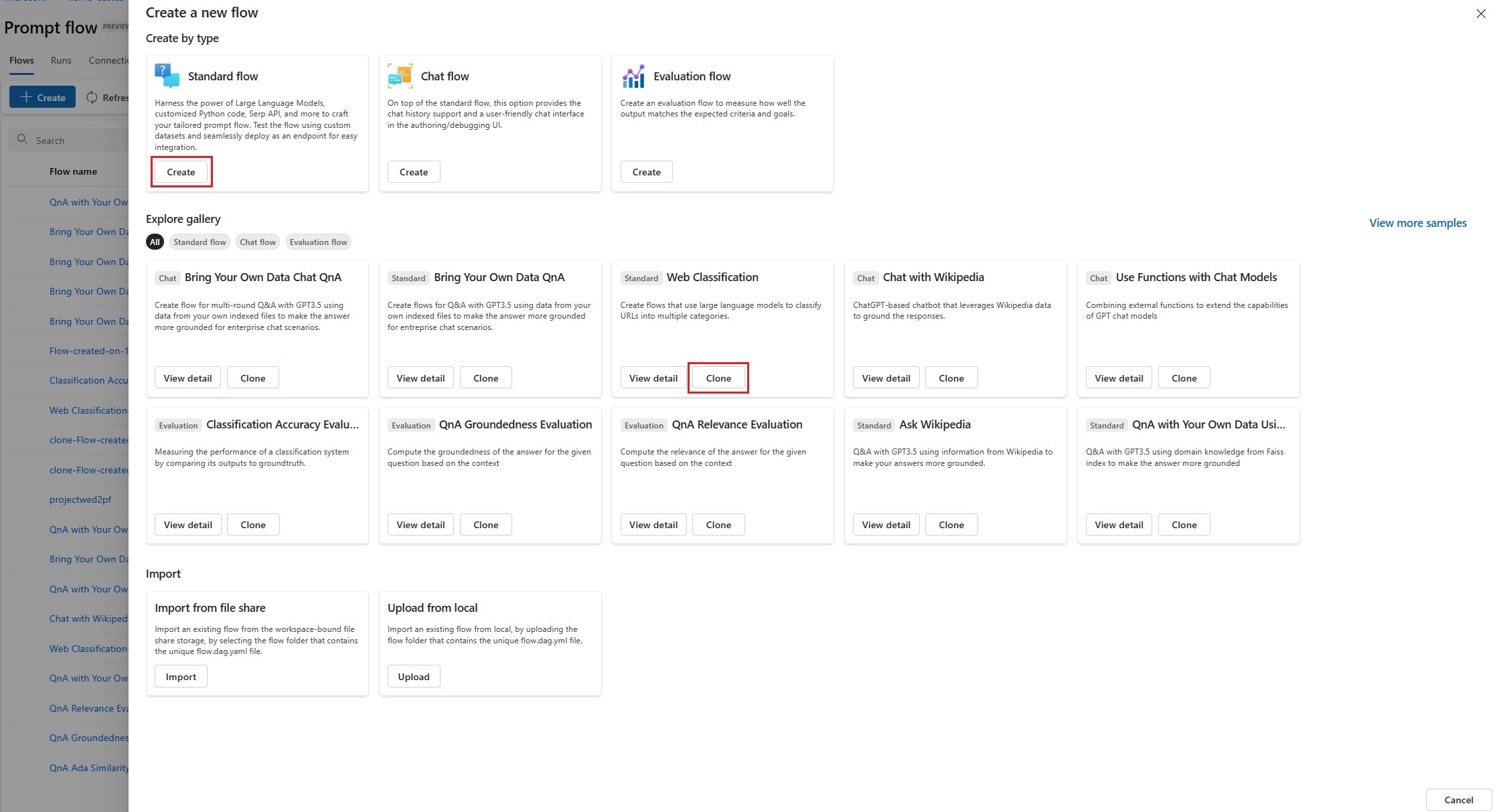 Captura de tela da criação do prompt flow do zero ou da galeria.