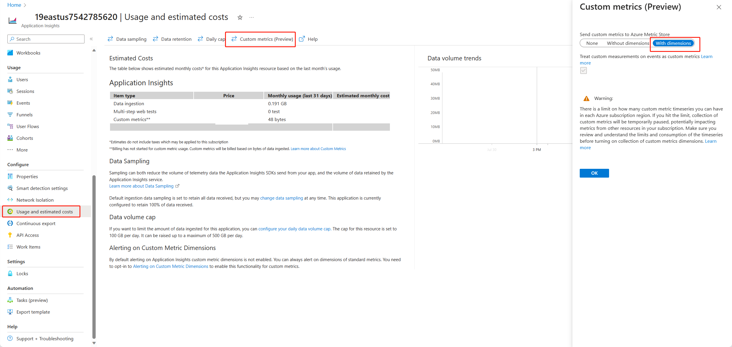 Captura de tela de habilitar métricas multidimensionais.