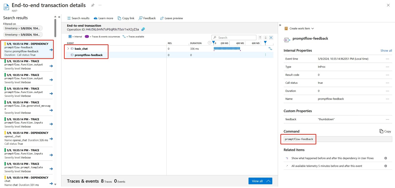 Captura de tela de comentários e dados de rastreamento de uma solicitação no Application Insights.