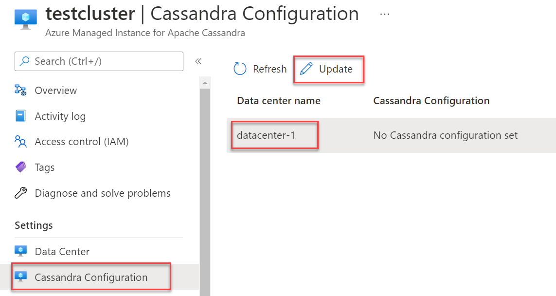 Captura de tela do data center selecionado para atualizar a configuração.
