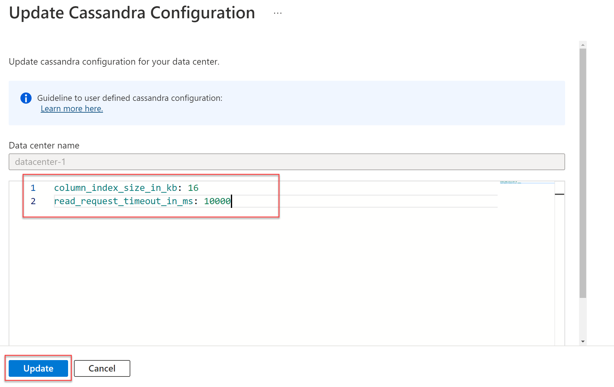 Captura de tela da atualização da configuração do data center do Cassandra.