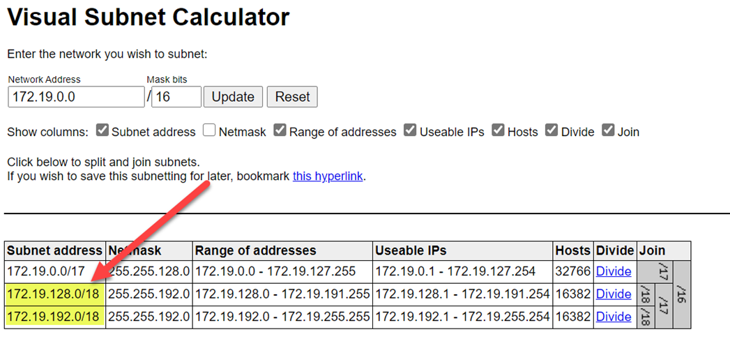 A captura de tela mostra a Calculadora de Sub-rede Visual com dois endereços de rede idênticos realçados.
