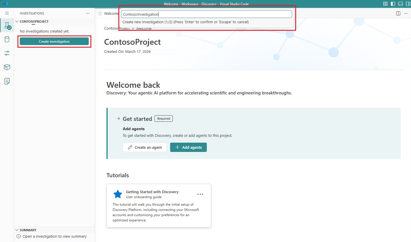 Captura de tela mostrando a caixa de diálogo Criar Investigação no Microsoft Discovery Studio.