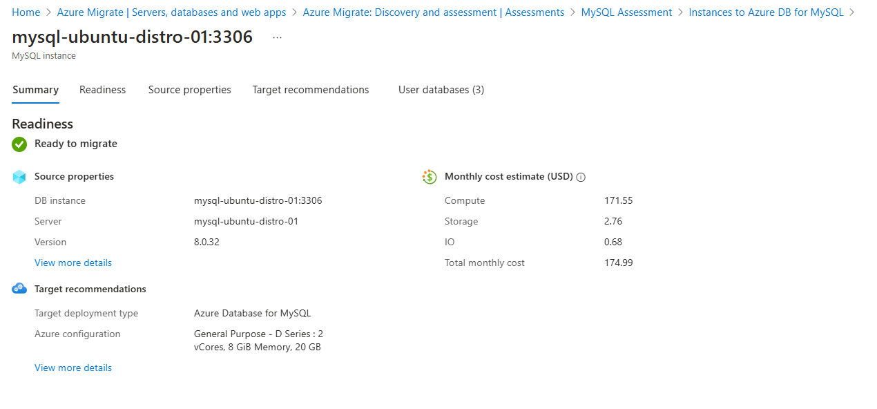 Captura de tela que mostra a prontidão para as instâncias do MySQL avaliadas.